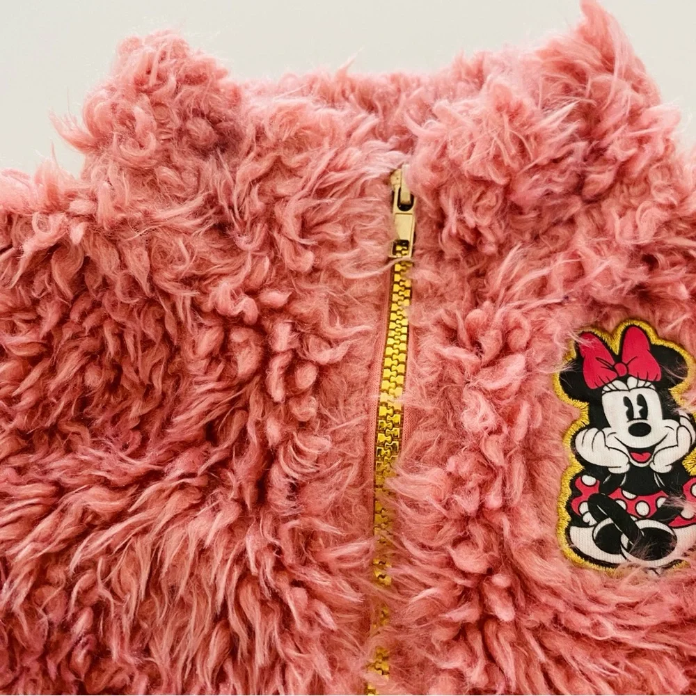 Disney Junior Minnie Mouse Jacket 12 Months Pink Fuzzy Sherpa Embroidered Patch